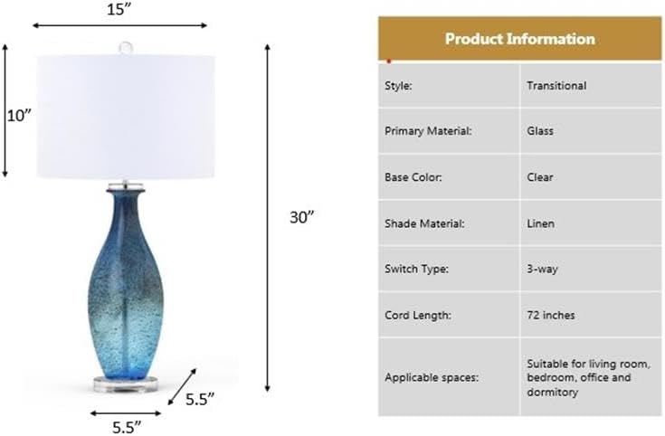 Pemberly Row Contemporary Table Lamps, 30-Inch Blue Tone Art Glass Body with Crystal Base, Linen Shade, 3-Way Switch, Coastal Style for Living Room or Bedroom Lighting, Set of 2