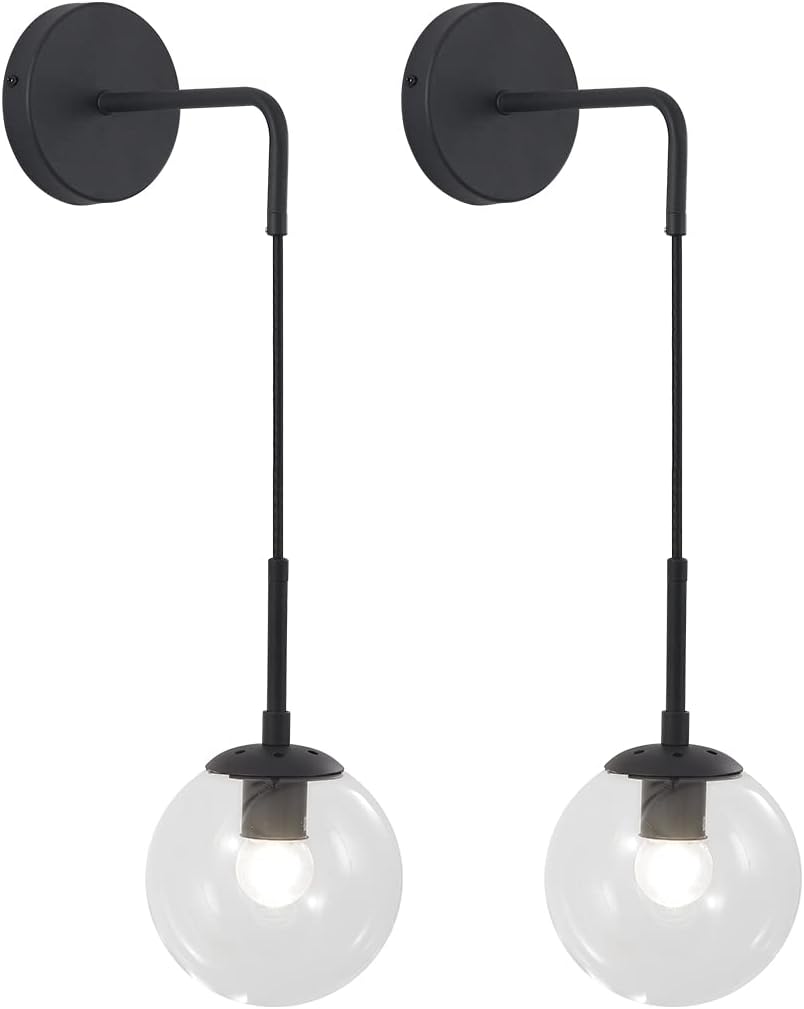KCO Lighting Black Globe Wall Sconce Set of 2 Mid Century Modern Wall Light with Clear Glass Shade Vintage Adjustable Wall Lamp for Bathroom Mirror Bedside Stairs (Clear)