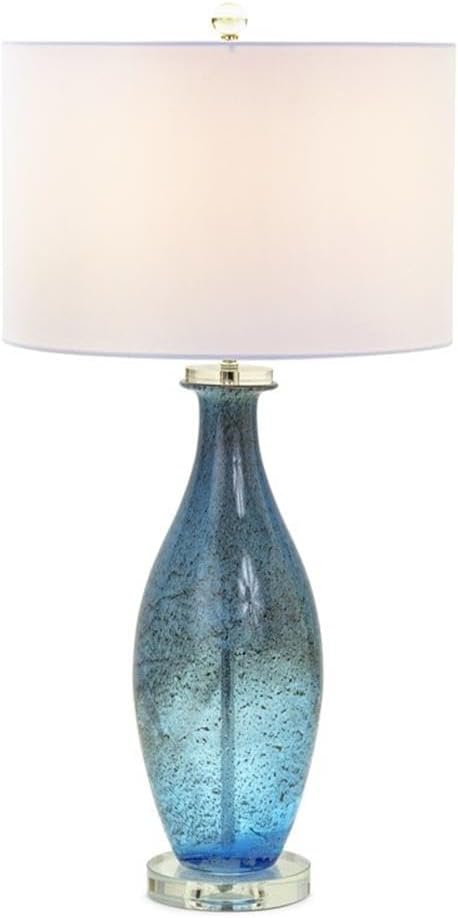 Pemberly Row Contemporary Table Lamps, 30-Inch Blue Tone Art Glass Body with Crystal Base, Linen Shade, 3-Way Switch, Coastal Style for Living Room or Bedroom Lighting, Set of 2