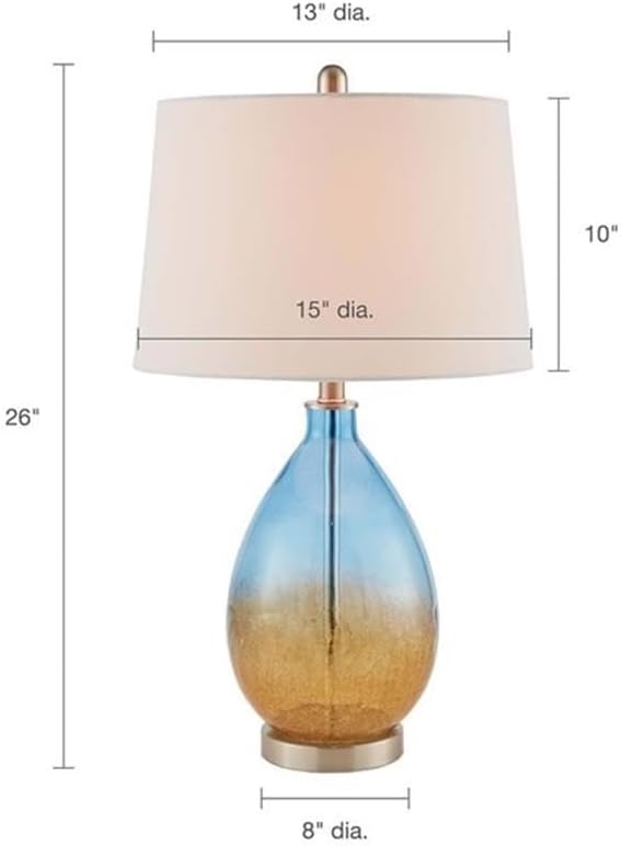 Pemberly Row Set of 2 Contemporary Table Lamps, 26 in Tall, Glass and Fabric, Blue with White Drum Shades, Metal Accents, Ideal for Living Room or Bedroom Lighting