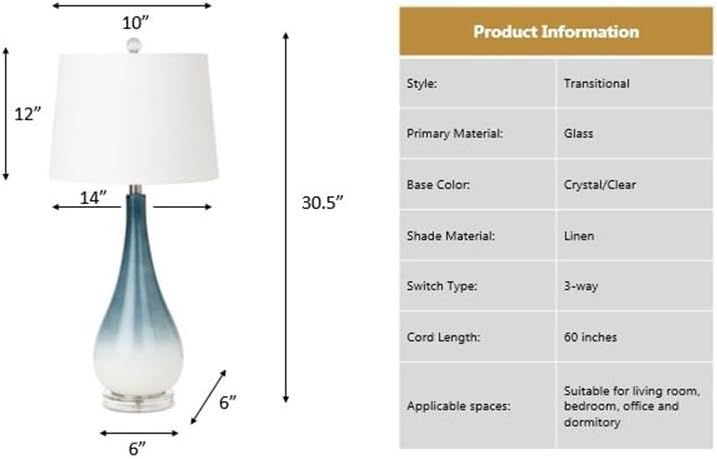 Pemberly Row Coastal Table Lamps Set of 2, 30.5-Inch Blue/White Glass Base, Linen Hardback Shade, 3-Way Switch, Max 100W Standard Bulb, Elegant Lighting for Living Room or Bedroom Decor