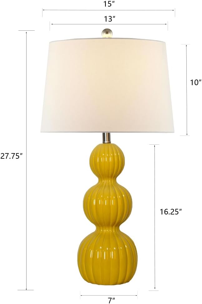 Maxax 28' Ceramic Table Lamps Set of 2, Modern Triple Gourd Bedside Lamps for Bedroom, 3-Way Dimmable Large Yellow Nightstand Lamp with White Drum Shade for Living Room, Office