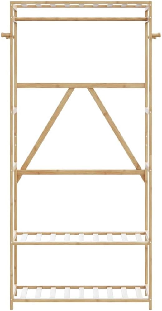 Bamboo Clothes Rack for Hanging Clothing, Freestanding Garment Organizer with Shelves, Ideal for Bedroom Storage