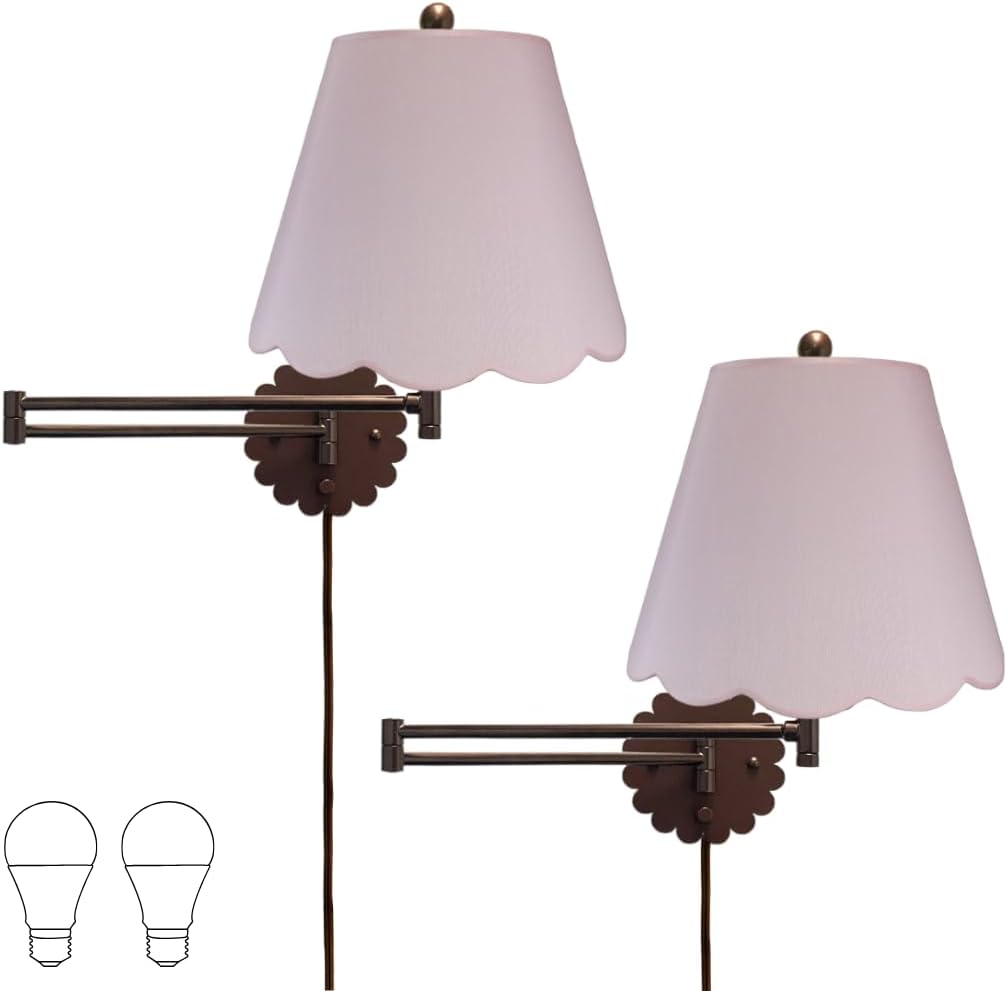 Royal Designs, Inc. Set of 2 Scalloped Swing-Arm Dimmable Wall Lamp - Oil Rubbed Bronze Lamp with Pink Scallop Hardback Lampshade