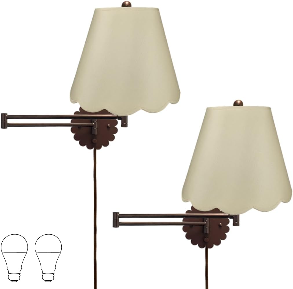 Royal Designs, Inc. Set of 2 Scalloped Swing-Arm Dimmable Wall Lamp - Oil Rubbed Bronze Lamp with Beige Scallop Hardback Lampshade