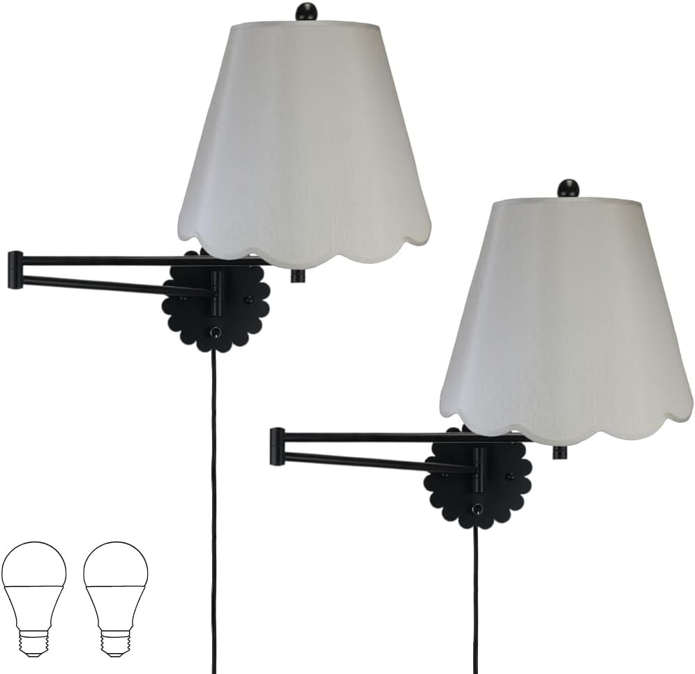 Royal Designs, Inc. Set of 2 Scalloped Swing-Arm Dimmable Wall Lamp - Black Lamp with Gray Scallop Hardback Lampshade