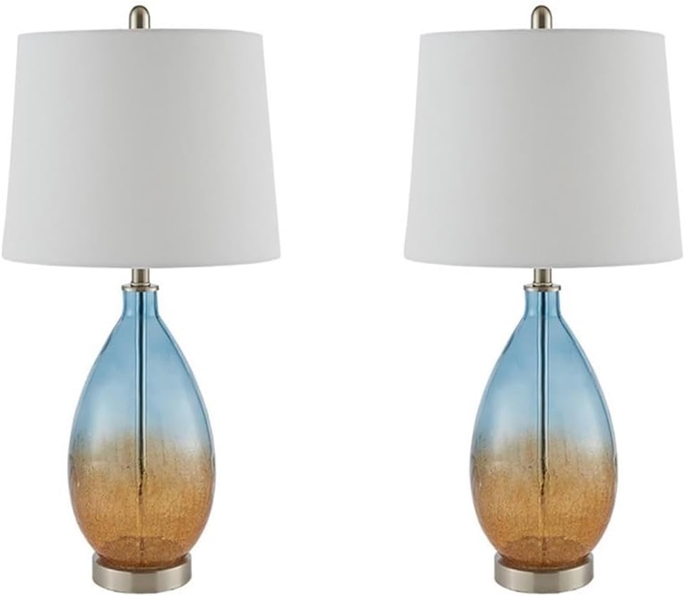 Pemberly Row Set of 2 Contemporary Table Lamps, 26 in Tall, Glass and Fabric, Blue with White Drum Shades, Metal Accents, Ideal for Living Room or Bedroom Lighting