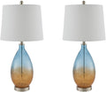 Pemberly Row Set of 2 Contemporary Table Lamps, 26 in Tall, Glass and Fabric, Blue with White Drum Shades, Metal Accents, Ideal for Living Room or Bedroom Lighting