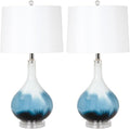 Pemberly Row Table Lamps Set of 2, 28-Inch Blue Tone Glass Base, Linen Hardback Shade, 3-Way Switch, Max 100W Bulb, Elegant Lighting for Living Room or Bedroom Decor