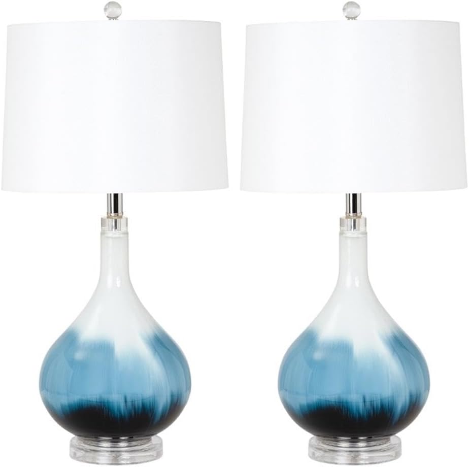 Pemberly Row Table Lamps Set of 2, 28-Inch Blue Tone Glass Base, Linen Hardback Shade, 3-Way Switch, Max 100W Bulb, Elegant Lighting for Living Room or Bedroom Decor