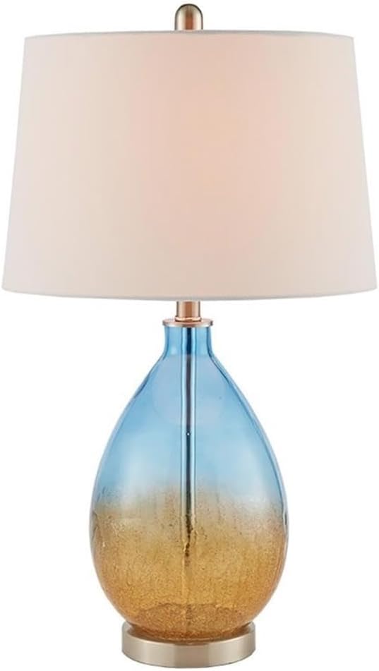 Pemberly Row Set of 2 Contemporary Table Lamps, 26 in Tall, Glass and Fabric, Blue with White Drum Shades, Metal Accents, Ideal for Living Room or Bedroom Lighting