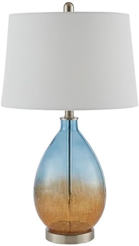 Pemberly Row Set of 2 Contemporary Table Lamps, 26 in Tall, Glass and Fabric, Blue with White Drum Shades, Metal Accents, Ideal for Living Room or Bedroom Lighting