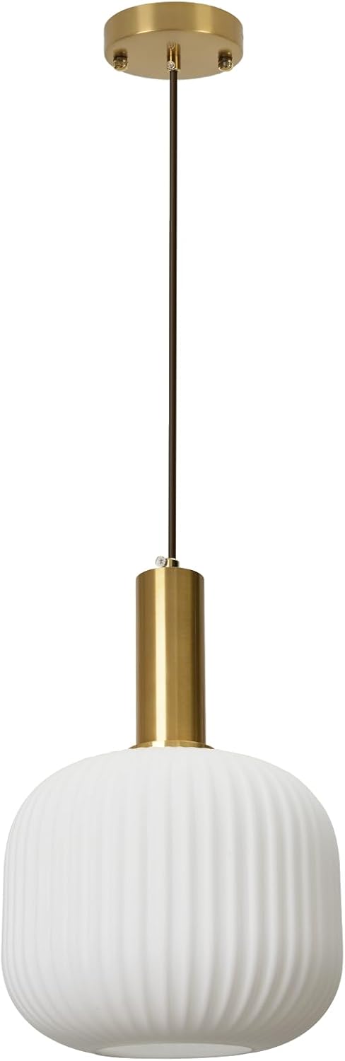Milk Glass Pendant Light, Mid Century Modern Pendant Lighting with Striped Glass Globe, White and Gold Pendant Ceiling Light Fixture for Kitchen Island Dining Room Bedroom Hallway