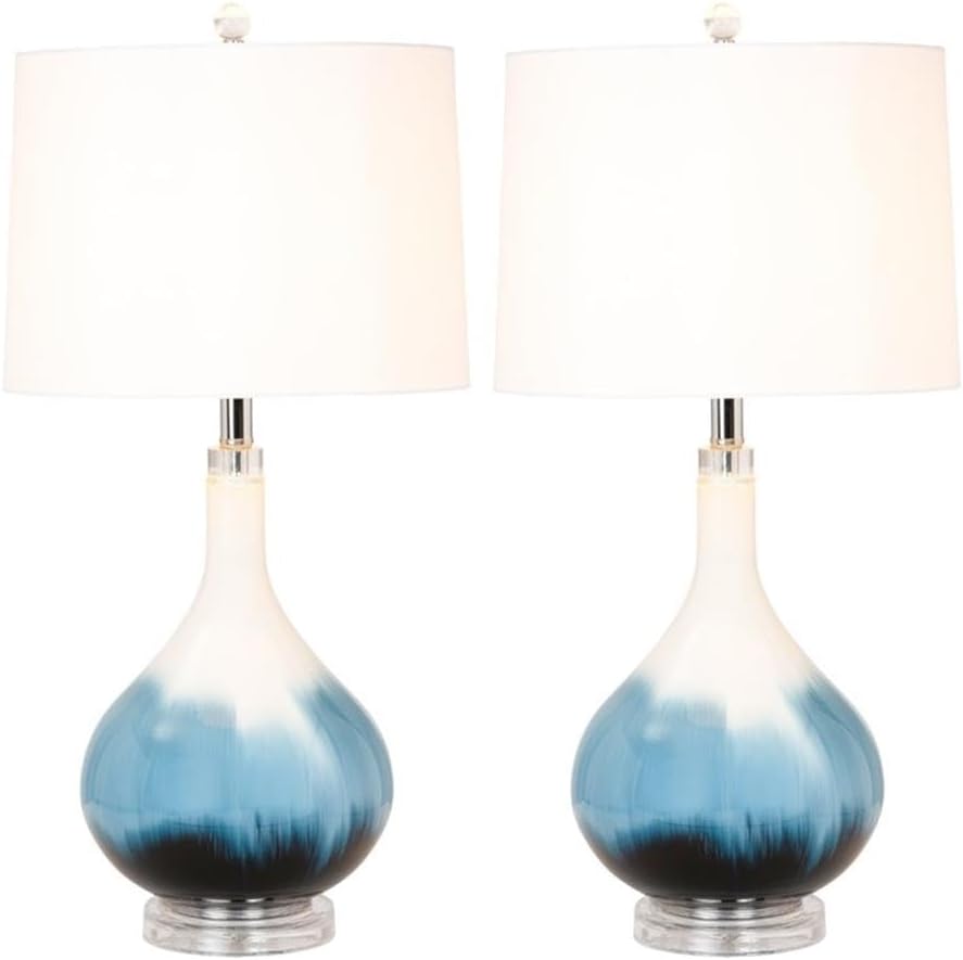 Pemberly Row Table Lamps Set of 2, 28-Inch Blue Tone Glass Base, Linen Hardback Shade, 3-Way Switch, Max 100W Bulb, Elegant Lighting for Living Room or Bedroom Decor