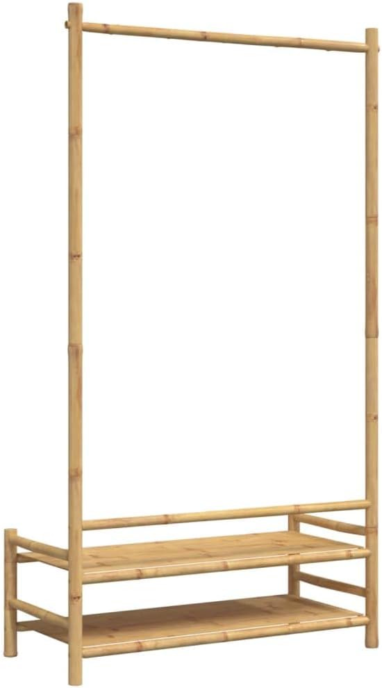 Clothes Rack, Natural Bamboo Compact Clothes Hanging Storage Organizer with Shelves, Entryway Garment Rack for Small Spaces, 15.7 x 40.6 x 72.0 in.