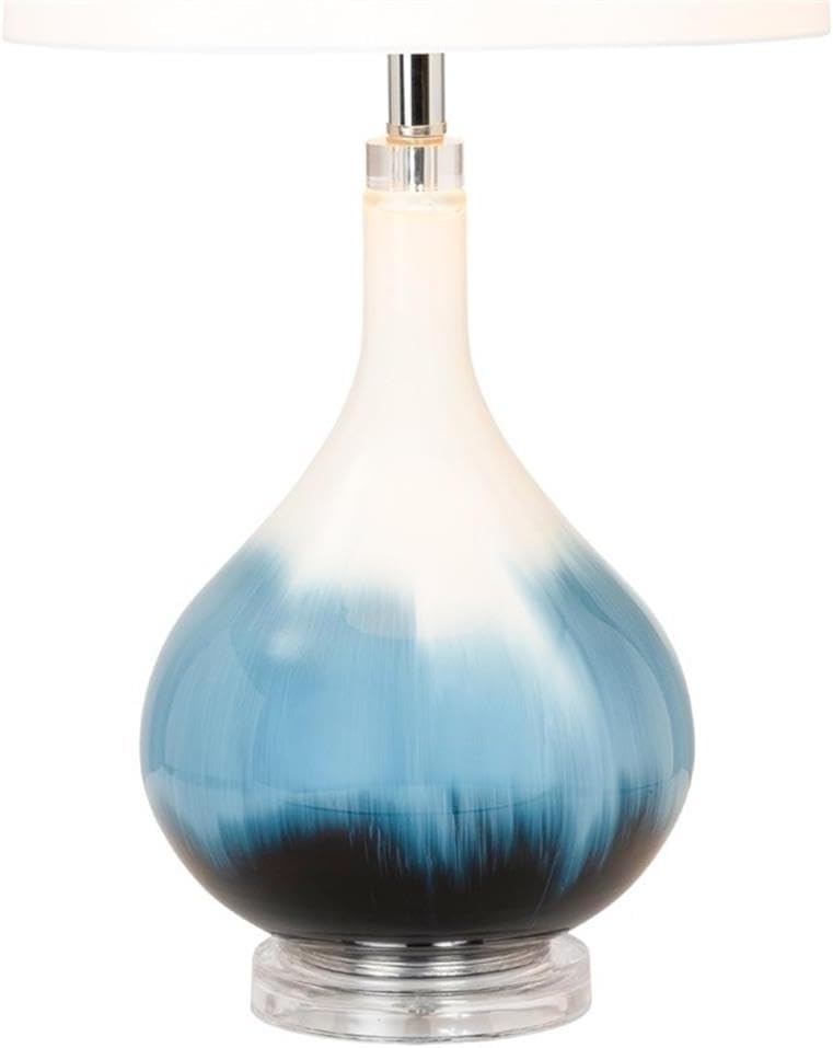Pemberly Row Table Lamps Set of 2, 28-Inch Blue Tone Glass Base, Linen Hardback Shade, 3-Way Switch, Max 100W Bulb, Elegant Lighting for Living Room or Bedroom Decor
