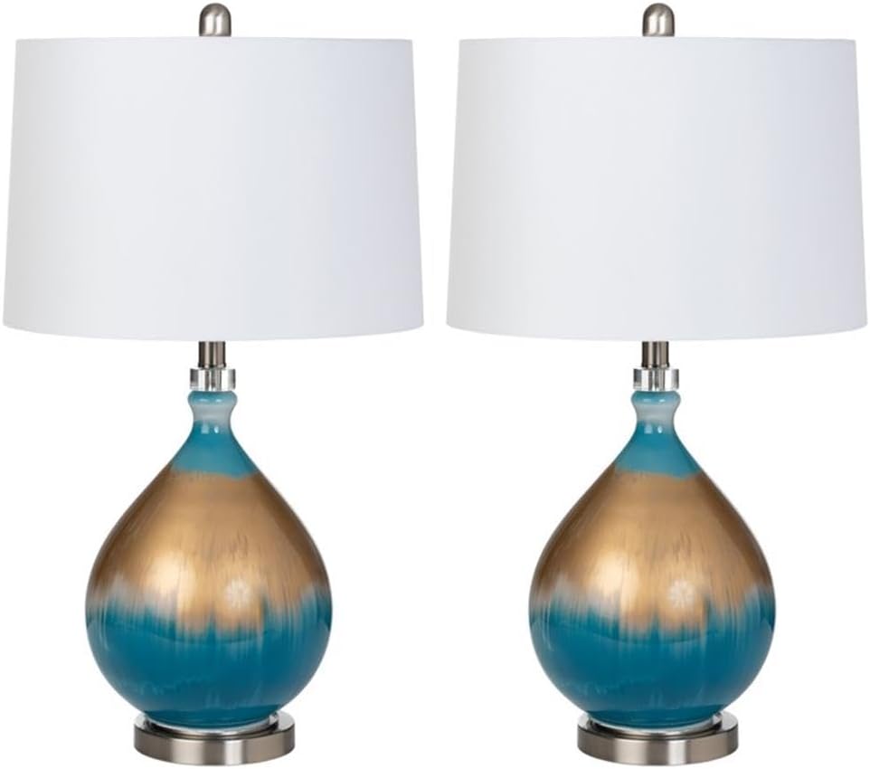 Pemberly Row 27 in Table Lamp Set, Gold/Blue Glass Base, Linen Hardback Shade, Transitional Style, 3-Way Switch, Max 100W Standard Bulb, Pack of 2 for Living Room, Bedroom, or Office Decor
