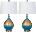 Pemberly Row 27 in Table Lamp Set, Gold/Blue Glass Base, Linen Hardback Shade, Transitional Style, 3-Way Switch, Max 100W Standard Bulb, Pack of 2 for Living Room, Bedroom, or Office Decor
