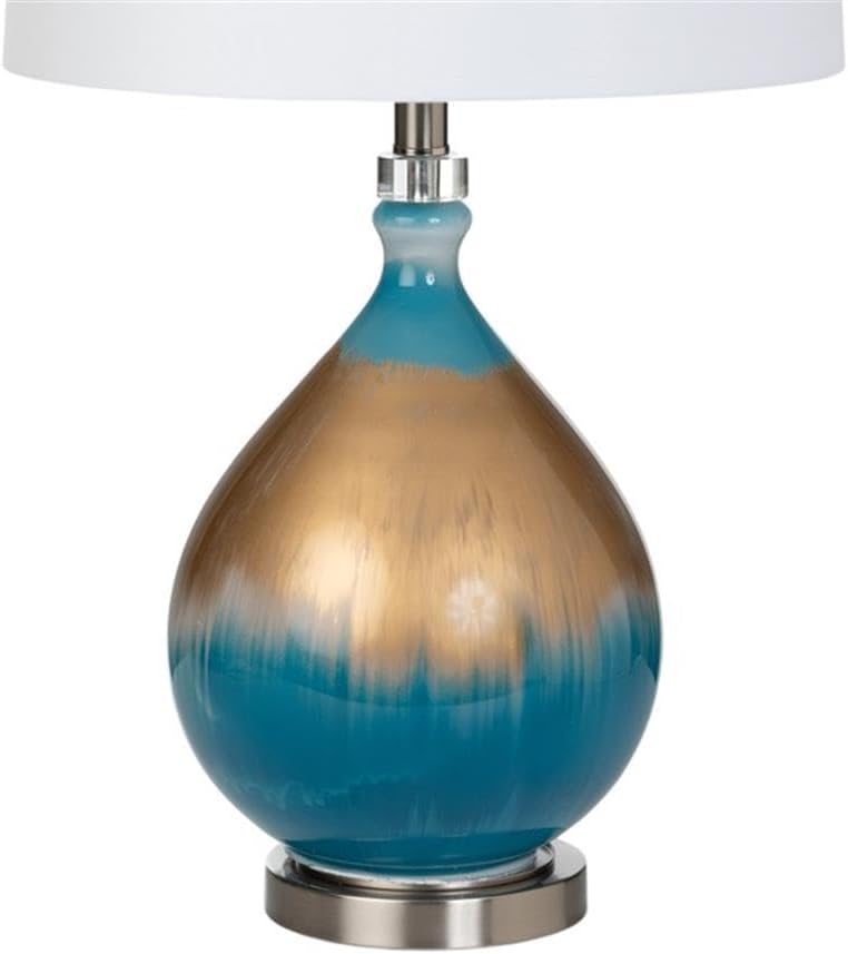 Pemberly Row 27 in Table Lamp Set, Gold/Blue Glass Base, Linen Hardback Shade, Transitional Style, 3-Way Switch, Max 100W Standard Bulb, Pack of 2 for Living Room, Bedroom, or Office Decor