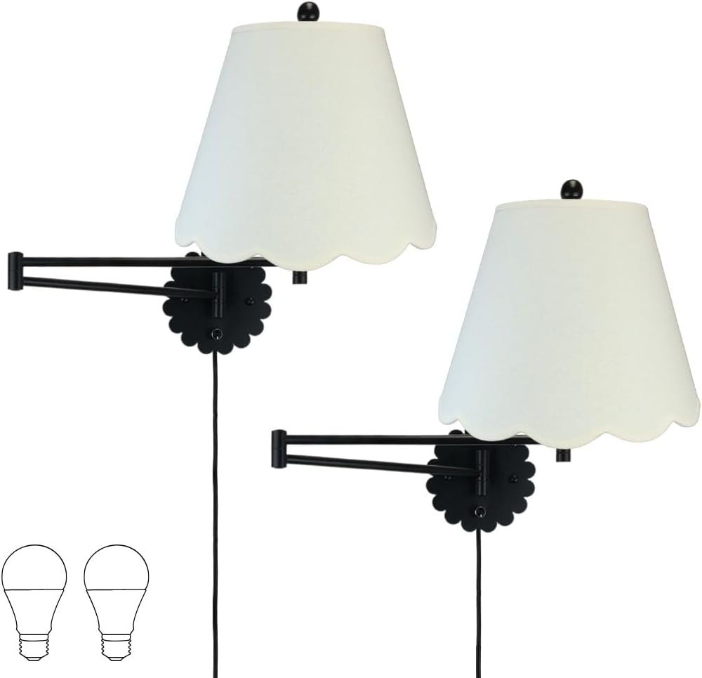 Royal Designs, Inc. Set of 2 Scalloped Swing-Arm Dimmable Wall Lamp - Black Lamp with Linen Eggshell Scallop Hardback Lampshade
