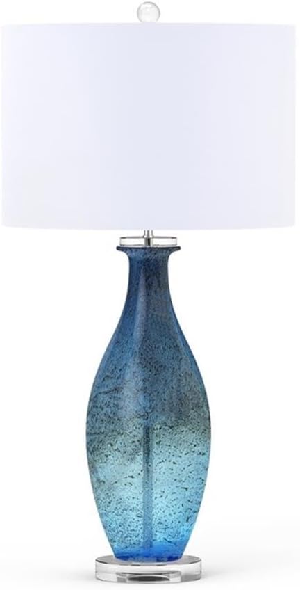 Pemberly Row Contemporary Table Lamps, 30-Inch Blue Tone Art Glass Body with Crystal Base, Linen Shade, 3-Way Switch, Coastal Style for Living Room or Bedroom Lighting, Set of 2