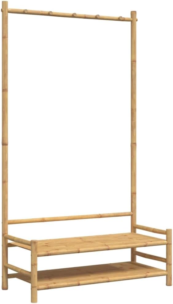 Clothes Rack, Natural Bamboo Compact Clothes Hanging Storage Organizer with Shelves, Entryway Garment Rack for Small Spaces, 15.7 x 40.6 x 72.0 in.