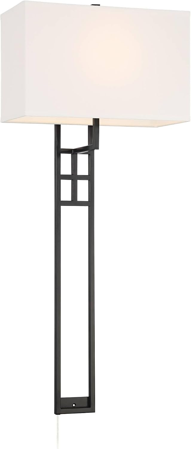 Possini Euro Design Ventano Modern Wall Lamps Set of 2 Matte Black Plug-in 16' Fixture White Linen Fabric Rectangular Shades for Bedroom Bathroom Bedside Vanity Living Room Mirror Hallway Dining