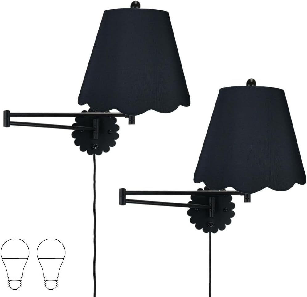 Royal Designs, Inc. Set of 2 Scalloped Swing-Arm Dimmable Wall Lamp - Black Lamp with Black Scallop Hardback Lampshade
