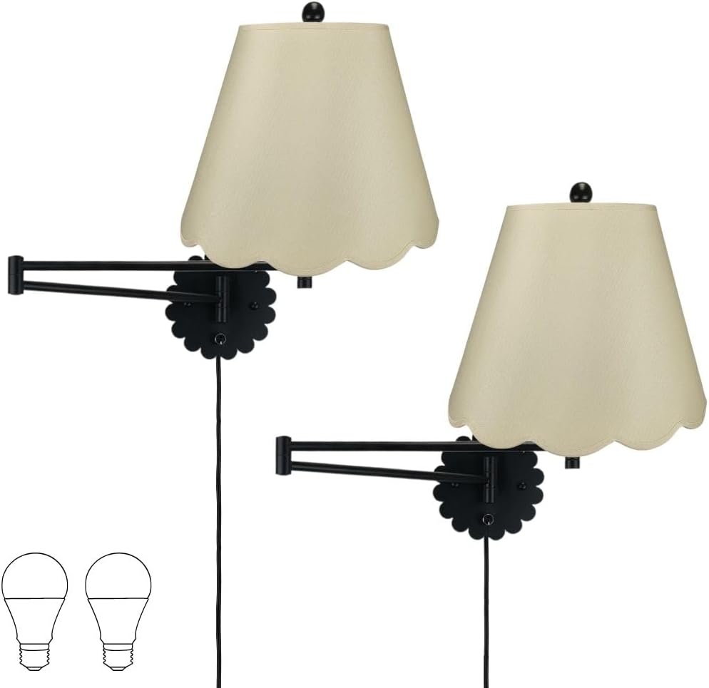 Royal Designs, Inc. Set of 2 Scalloped Swing-Arm Dimmable Wall Lamp - Black Lamp with Beige Scallop Hardback Lampshade