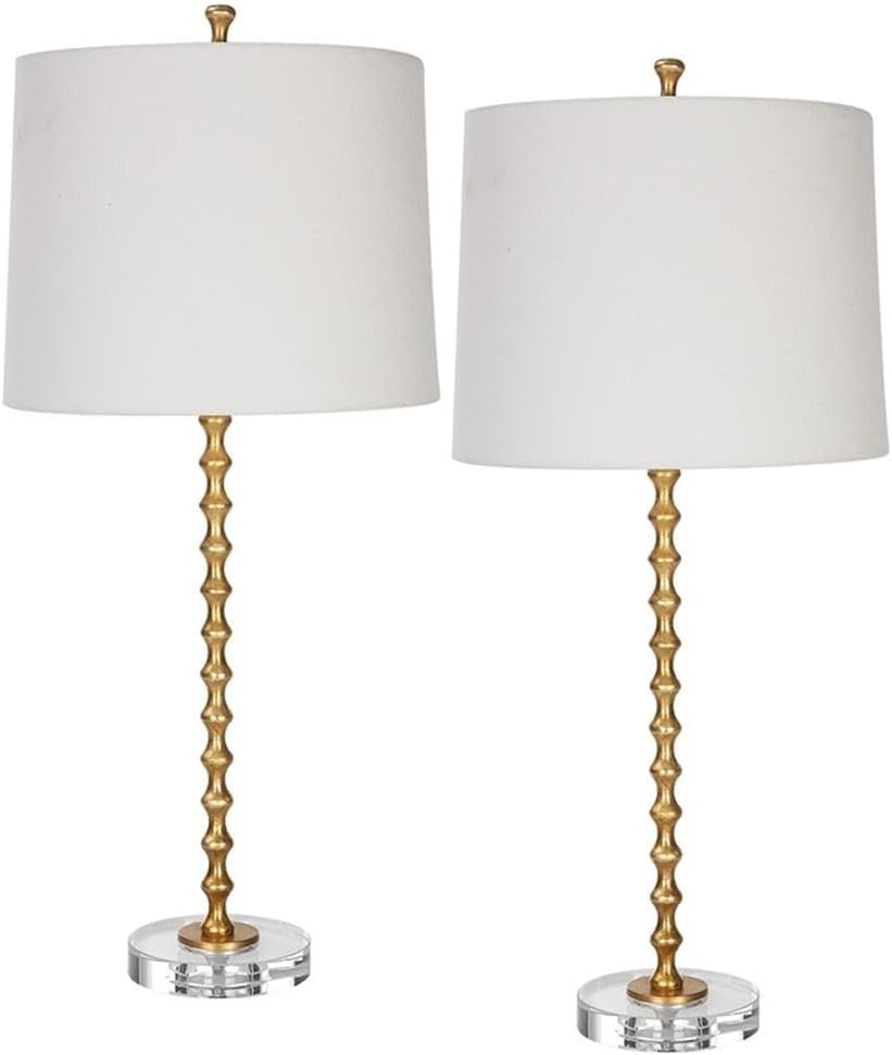 BOWERY HILL Coastal Metal Table Lamp Set of 2, 29 in Tall, Gold Leaf Finish, White Ivory Linen Shade, Crystal Base, Contemporary Transitional Style, Elegant Lighting for Living Room or Bedroom