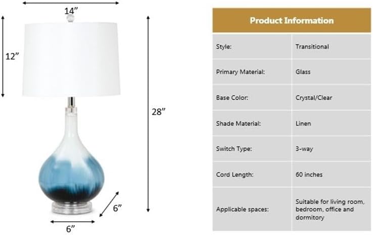 Pemberly Row Table Lamps Set of 2, 28-Inch Blue Tone Glass Base, Linen Hardback Shade, 3-Way Switch, Max 100W Bulb, Elegant Lighting for Living Room or Bedroom Decor