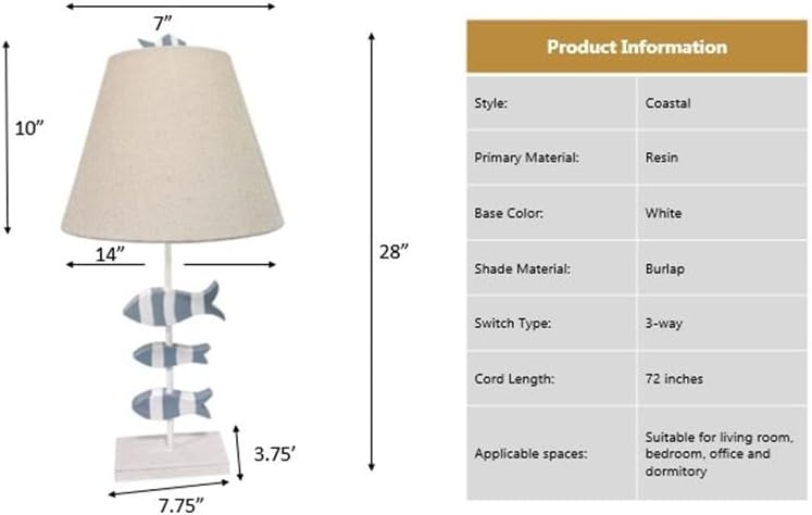 Pemberly Row 28-Inch Blue/White Coastal Table Lamps, Set of 2, Linen Shade, 3-Fish Base Design, 3-Way Switch, Modern Beach Style Lighting for Living Room, Bedroom, or Coastal Decor