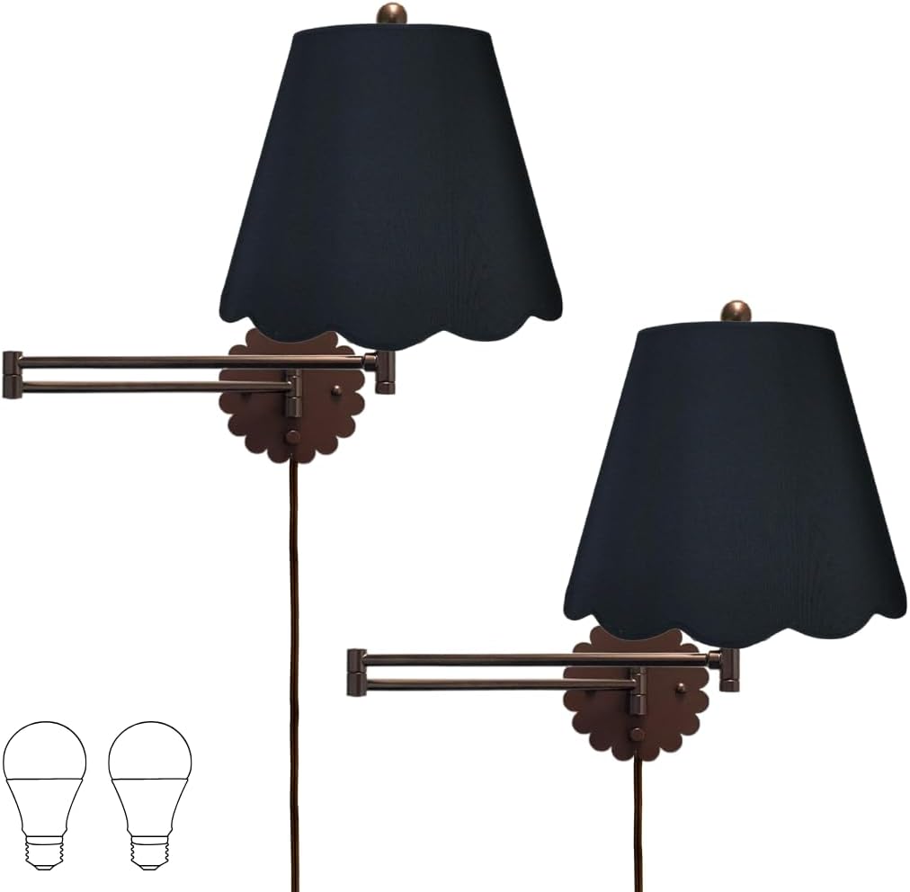 Royal Designs, Inc. Set of 2 Scalloped Swing-Arm Dimmable Wall Lamp - Oil Rubbed Bronze Lamp with Black Scallop Hardback Lampshade