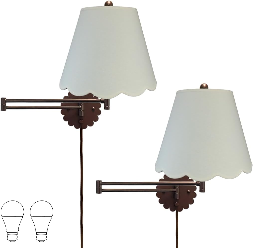 Royal Designs, Inc. Set of 2 Scalloped Swing-Arm Dimmable Wall Lamp - Oil Rubbed Bronze Lamp with Linen Eggshell Scallop Hardback Lampshade