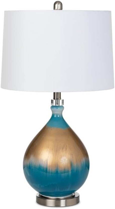 Pemberly Row 27 in Table Lamp Set, Gold/Blue Glass Base, Linen Hardback Shade, Transitional Style, 3-Way Switch, Max 100W Standard Bulb, Pack of 2 for Living Room, Bedroom, or Office Decor