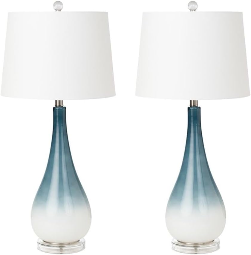 Pemberly Row Coastal Table Lamps Set of 2, 30.5-Inch Blue/White Glass Base, Linen Hardback Shade, 3-Way Switch, Max 100W Standard Bulb, Elegant Lighting for Living Room or Bedroom Decor