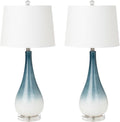 Pemberly Row Coastal Table Lamps Set of 2, 30.5-Inch Blue/White Glass Base, Linen Hardback Shade, 3-Way Switch, Max 100W Standard Bulb, Elegant Lighting for Living Room or Bedroom Decor