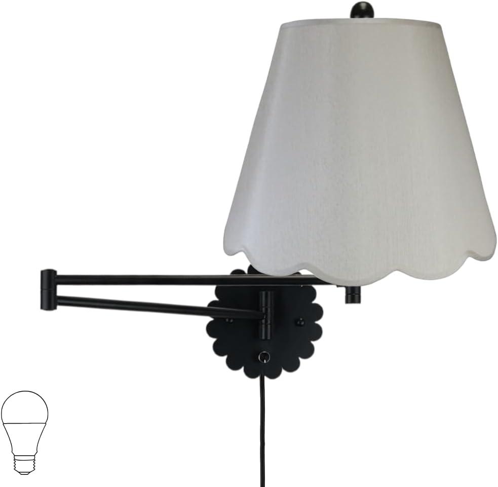 Royal Designs, Inc. Set of 2 Scalloped Swing-Arm Dimmable Wall Lamp - Black Lamp with Gray Scallop Hardback Lampshade
