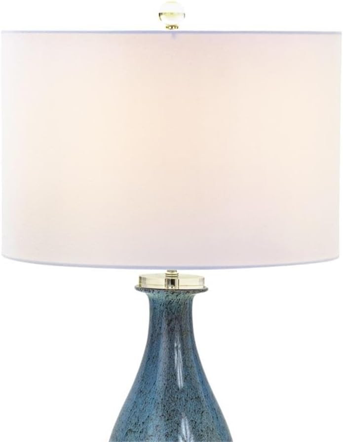 Pemberly Row Contemporary Table Lamps, 30-Inch Blue Tone Art Glass Body with Crystal Base, Linen Shade, 3-Way Switch, Coastal Style for Living Room or Bedroom Lighting, Set of 2