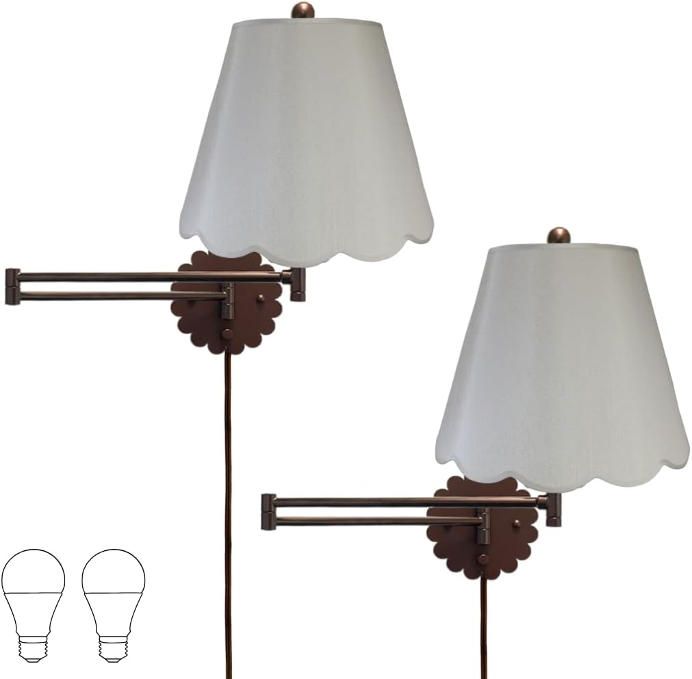 Royal Designs, Inc. Set of 2 Scalloped Swing-Arm Dimmable Wall Lamp - Oil Rubbed Bronze Lamp with Gray Scallop Hardback Lampshade