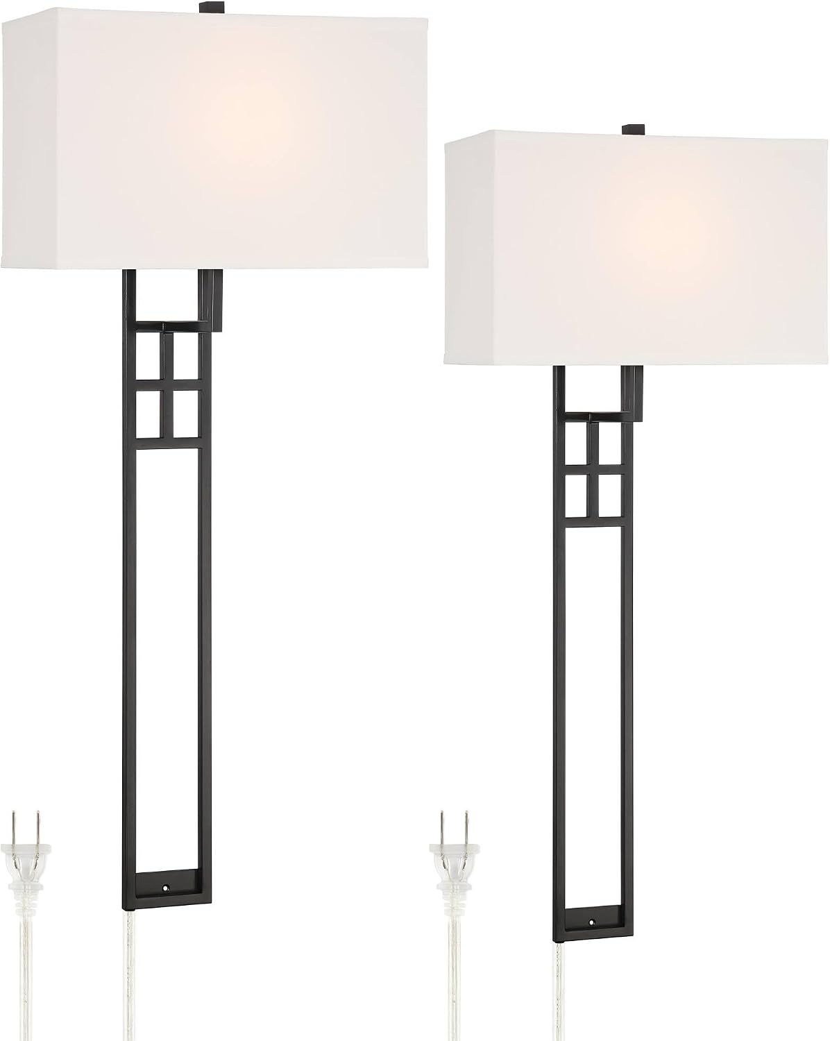 Possini Euro Design Ventano Modern Wall Lamps Set of 2 Matte Black Plug-in 16' Fixture White Linen Fabric Rectangular Shades for Bedroom Bathroom Bedside Vanity Living Room Mirror Hallway Dining