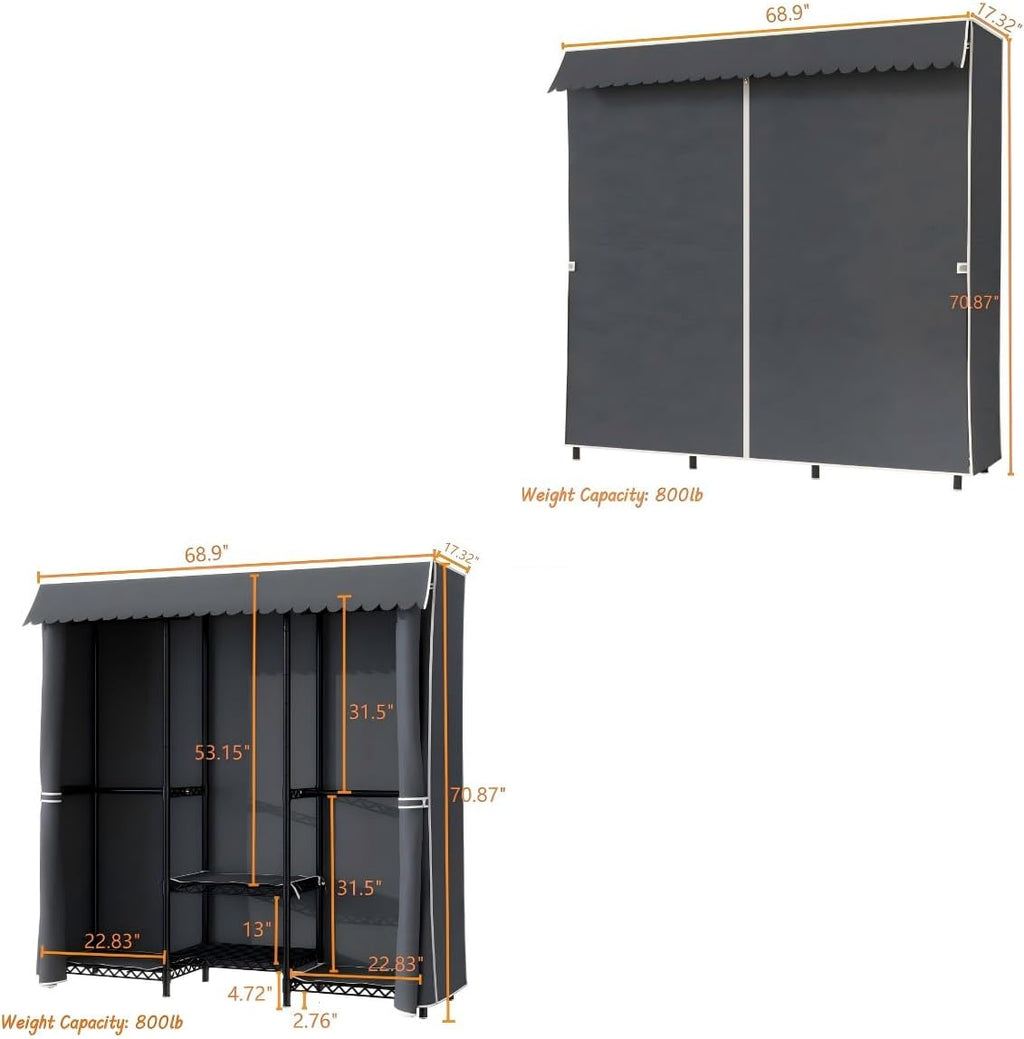 Heavy Duty Covered Clothes Rack Portable Closet Rack, Black Metal Clothing Rack with Grey Upgarded Polyester Cover, Adjustable Custom Freestanding Closet Wardrobe, Max Load 800LBS