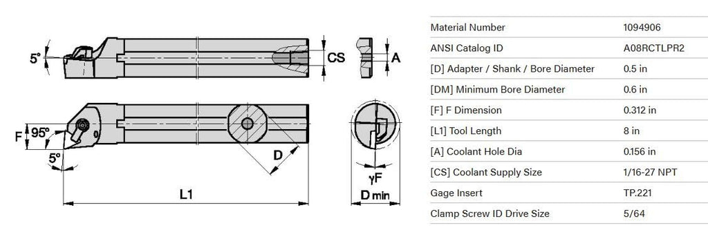 KENNAMETAL 1/2 Dia A08-CTLPR2 COOLANT INDEXABLE Boring BAR TP.221 Inserts .5 - DM2220BH5