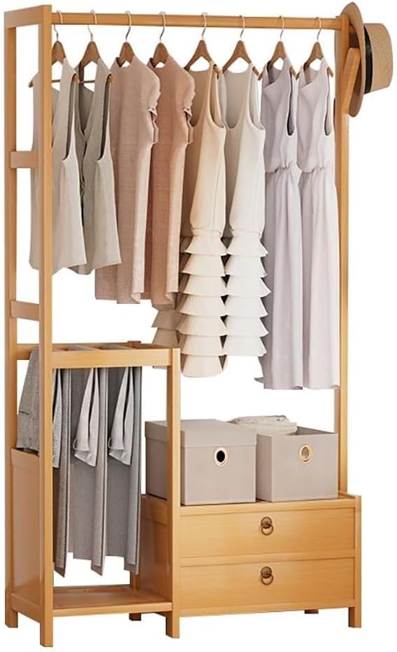 Stylish Bamboo Clothes Rack with Hanging Rod & Storage Shelves – Standing Garment Organizer for Bedroom, Hallway & Entryway Home Décor