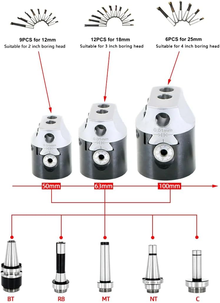 SRCGG 1pc F1 Boring Hole Boring Bar Set Tungsten Carbide Bar Boring Head MT2 MT3 MT4 R8 BT NT Boring Bar Set Boring Device F1 Boring Tool(18mm-12pcs (Set))