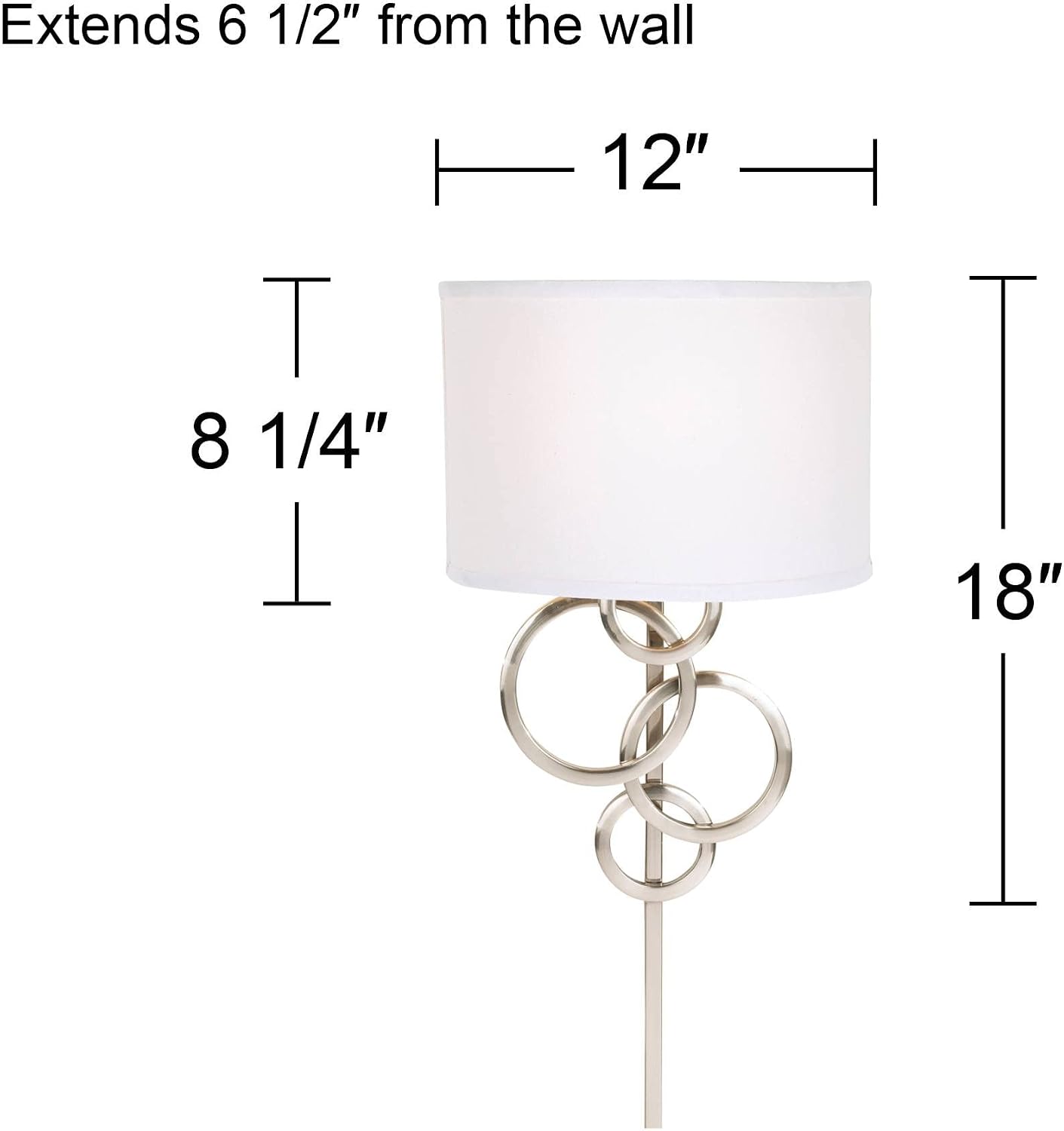 Possini Euro Design Circles Modern Indoor Wall Mount Lamp Brushed Nickel Silver Plug-in Light Fixture Off White Cotton Half Shade for Bedroom Bedside House Reading Living Room Home Hallway Dining