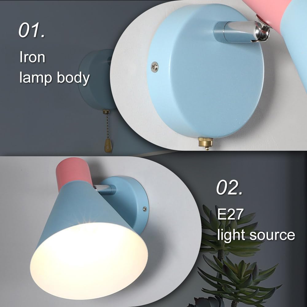 Wall Sconces Lighting Set of 2 for Bedroom, Blue Macaron Wall Lamp E27 Nordic Modern Wall Light Fixtures with Switch, Adjustable Bedside Wall Lights for Hallway Living Room Restaurant Offi