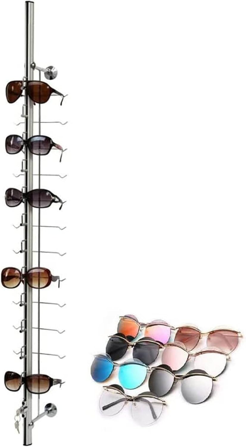 10Pcs Aluminum Sunglass Holder with Lock Wall-Mounted Sunglasses Rack Organizer Storage Eyewear Glasses Display Stand Eyeglass Decorative Display Rod,Hold 18 Frames