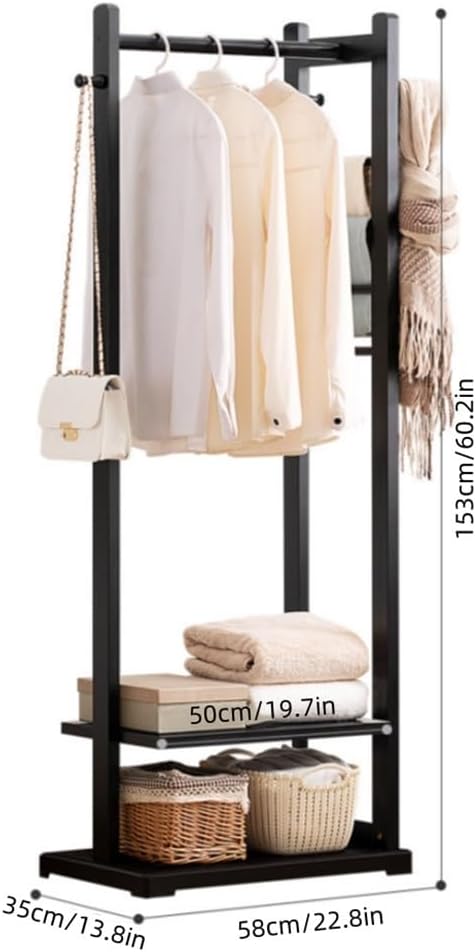Bamboo Clothing Rack with Shelves and Side Hooks, Freestanding Garment Rack for Hanging Clothes, Floor-Standing Clothes Organizer for Bedroom or Living Room(Natural)
