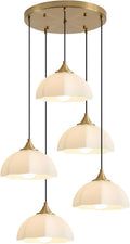 Modern 5 Light Brushed Gold Pendant Lighting Mid Century Milk Glass Cluster Pendant Lights Kitchen Island Adjustable Brass Hanging Chandelier Vintage White Ceramic Light Fixture MPL17-5R GD
